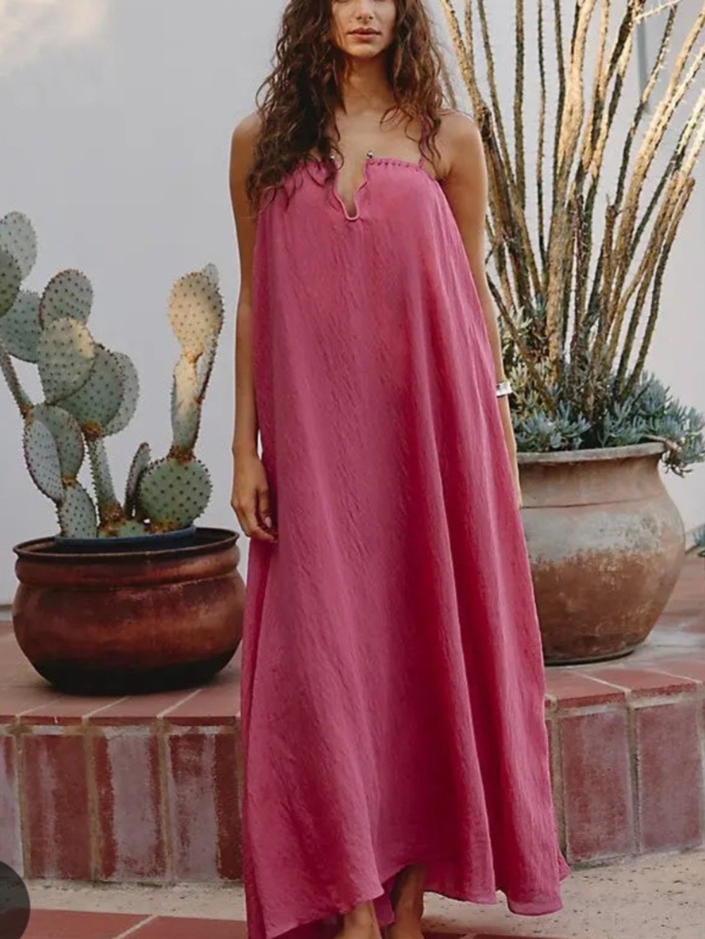 Boho Pink Maxi Dress with Subtle Neckline Detail